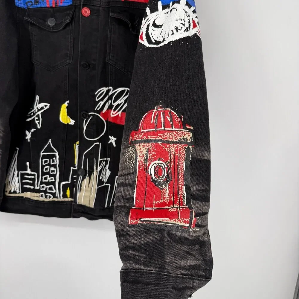 Reason Denim Jacket Graffiti Biker Emo Grunge Streetwear Art to Wear Men Size L